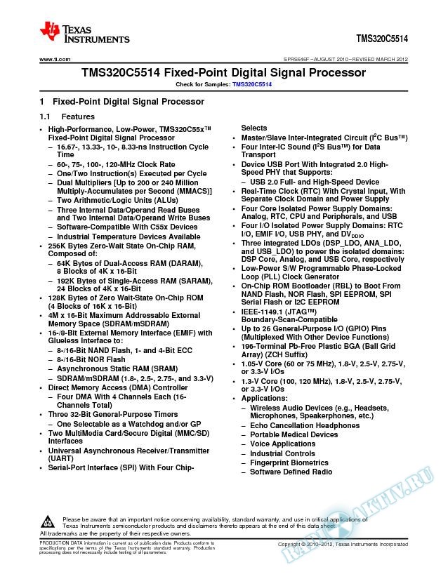 TMS320C5514 Fixed-Point Digital Signal Processor (Rev. F)