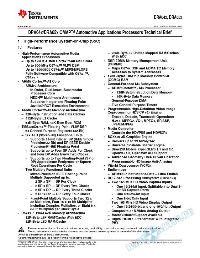 DRA64x/DRA65x OMAP Automotive Applications Processors Technical Brief