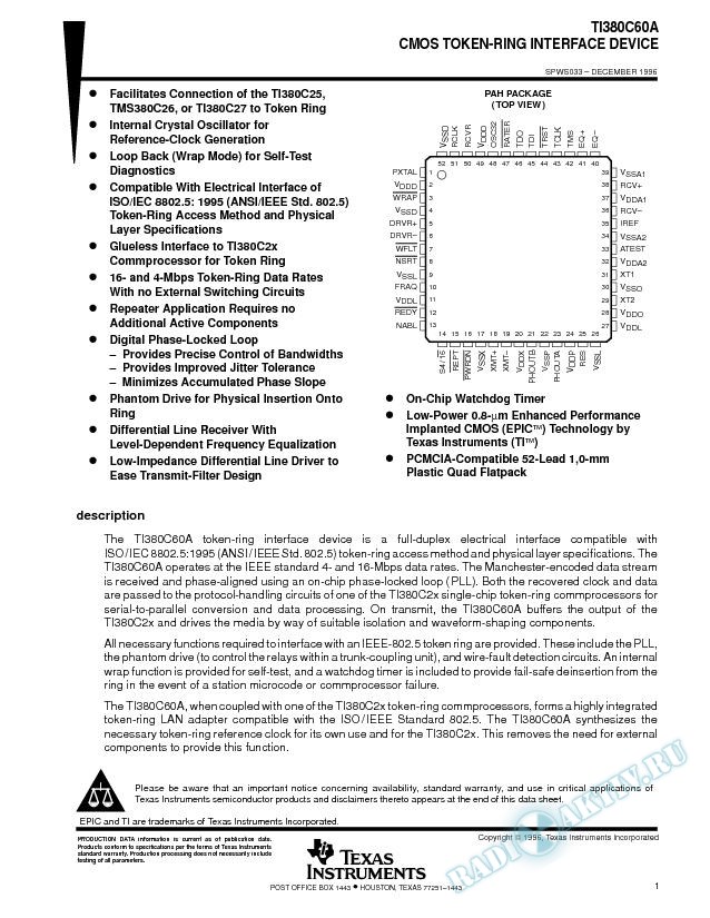 TI380C60A CMOS Token-Ring Interface Device