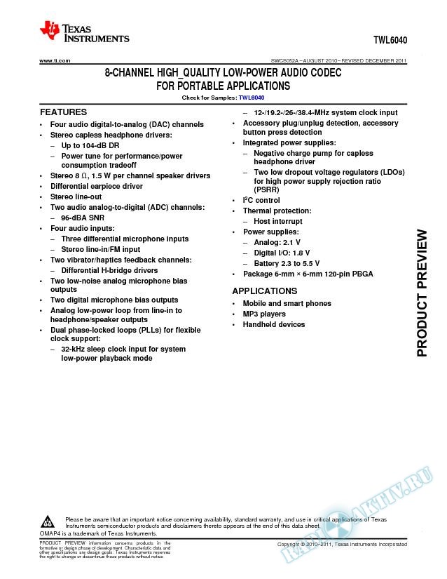 TWL6040 Features (Rev. A)