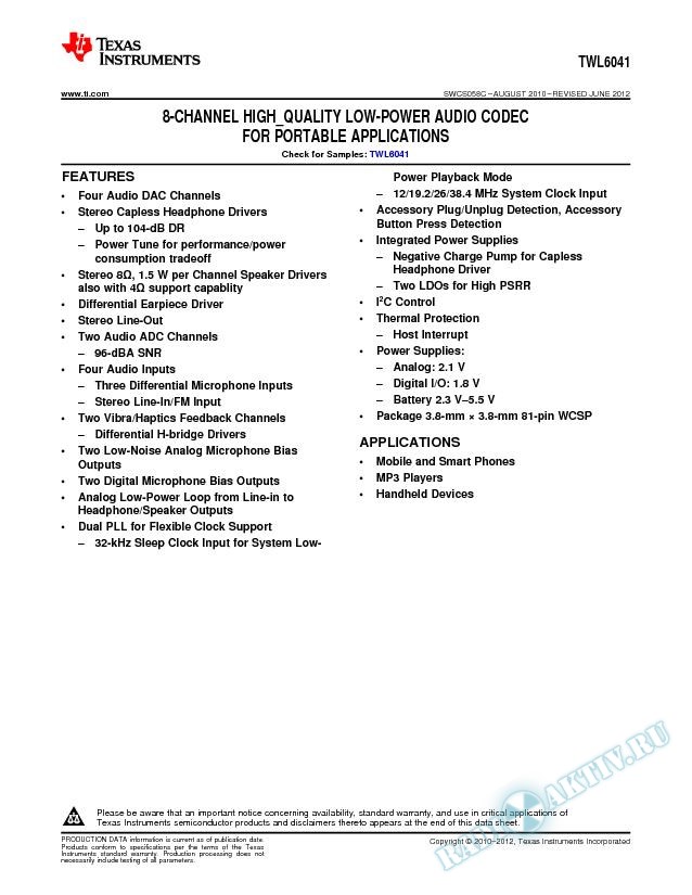 TWL6041 Features (Rev. C)