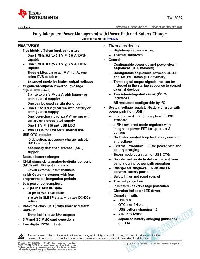 TWL6032 Features (Rev. A)