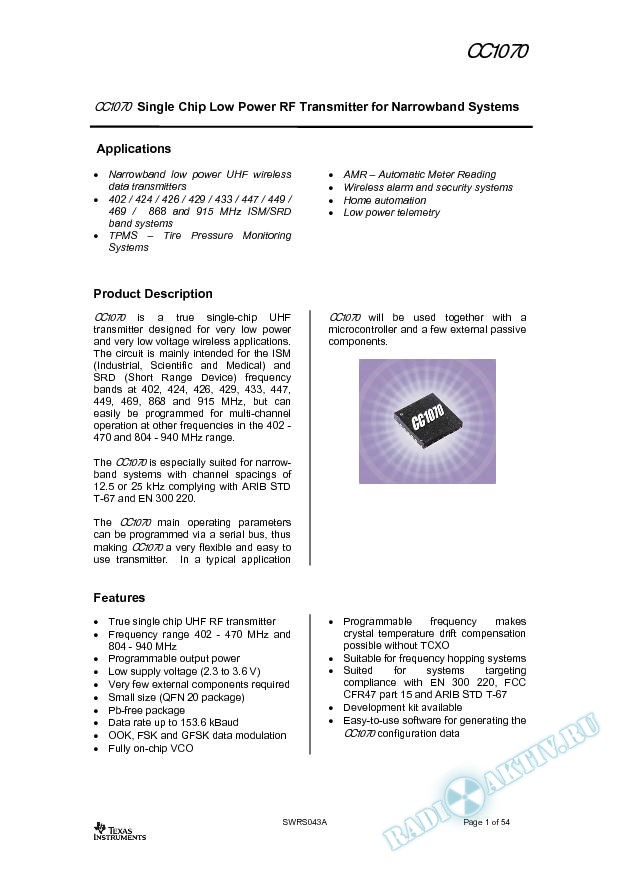 Single-Chip Low Power RF Transmitter for Narrowband Systems (Rev. A)