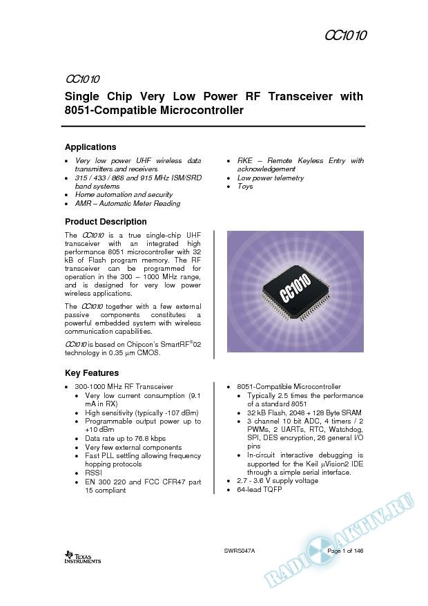 Single-Chip Very Low Power RF Transceiver with 8051-Compatible Microcontroller (Rev. A)