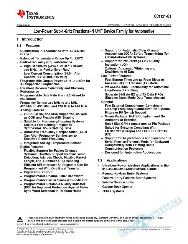 Low-Power Sub-1-GHz Fractional-N UHF Device Family for Automotive (Rev. B)