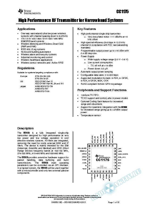 High Performance RF Transmitter for Narrowband Systems, CC1175 (Rev. C)
