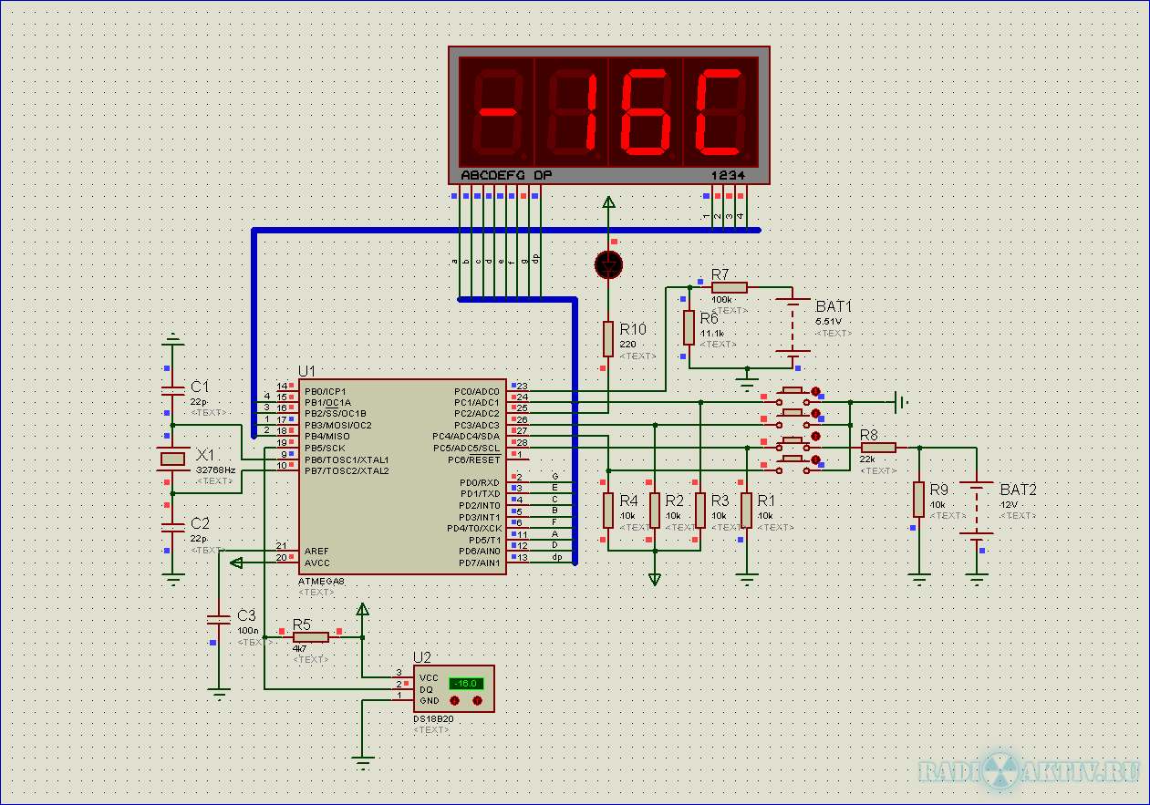 Часы термометр на pic16f628a и ds1307 схема